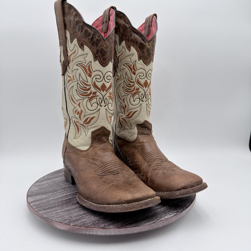 Los Altos Mens Square Toe Western Boots Brown Tan Leather Size 9.5M